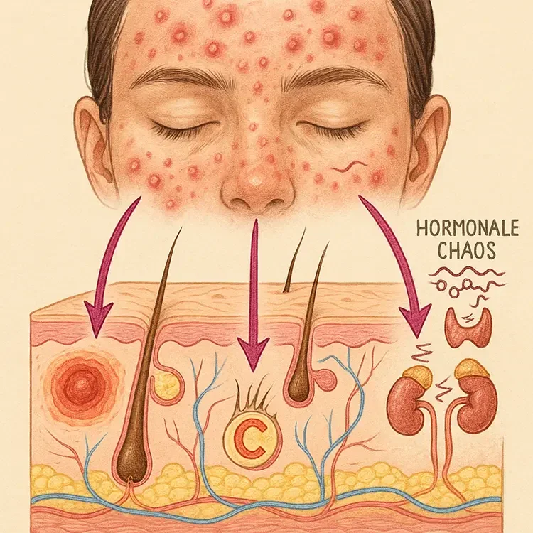 Illustratie van hormonale schommelingen — androgenen sturen talgproductie en huidontstekingen aan